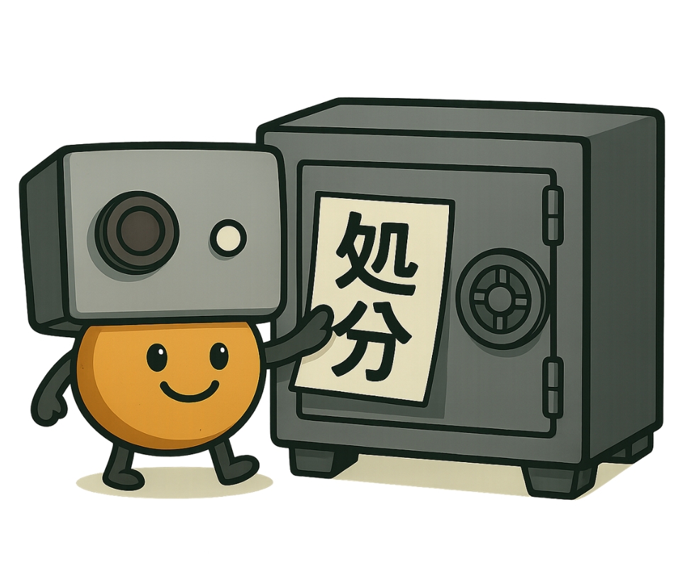 鍵の救世主オリジナルキャラクターが金庫と「処分」の札を持ち、金庫処分サービスを案内しているイラスト。