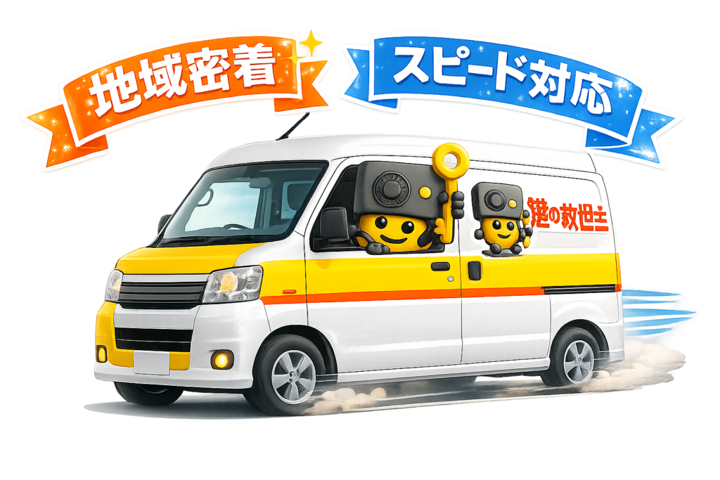 「地域密着」「スピード対応」のメッセージと、鍵の救世主のロゴが入った軽バンサービスカーが、お客様のもとへ迅速に駆けつけるイメージ画像。