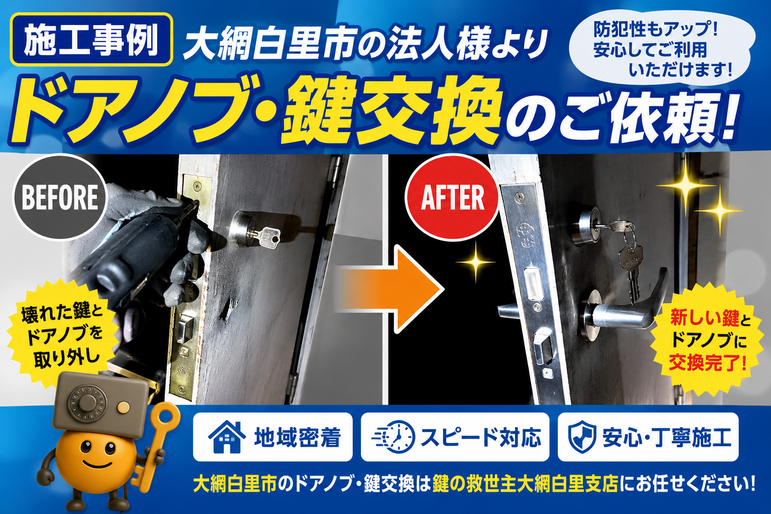 大網白里市の法人様で実施した倉庫ドアの鍵・ドアノブ交換施工事例。故障した鍵とドアノブの取り外しから新品への交換完了までをBefore・Afterで比較したアイキャッチ画像。