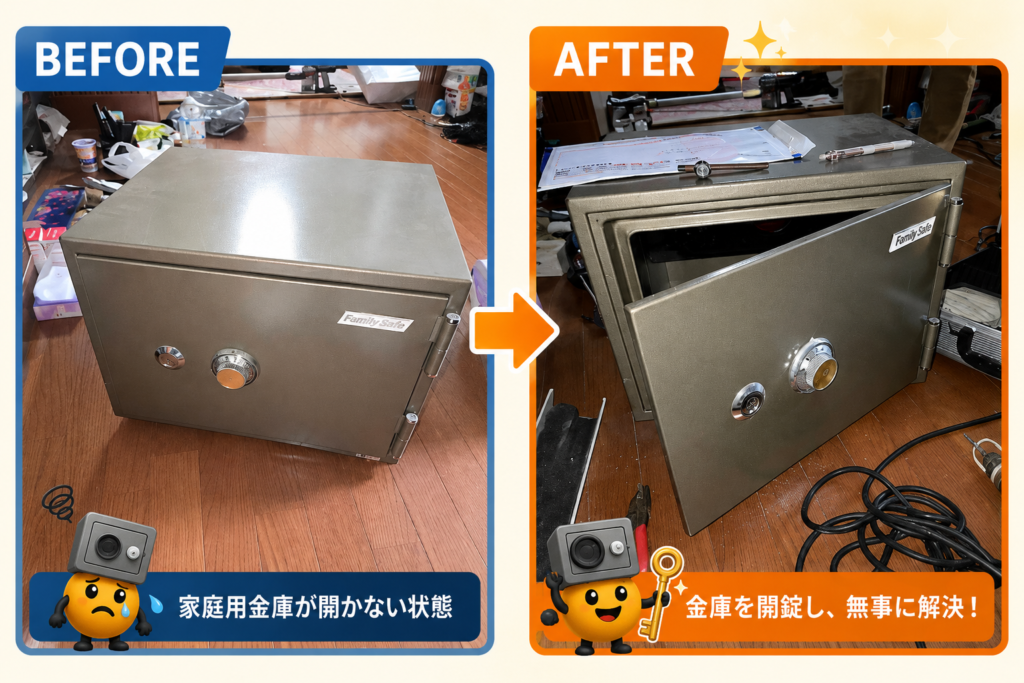 家庭用耐火金庫の開錠作業前後を比較したBefore・After画像。左側は開錠前、右側は開錠後の施工事例。