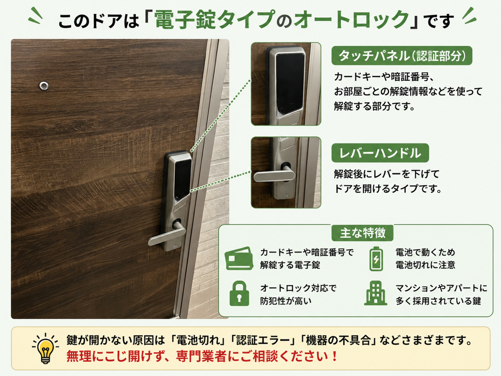 電子錠タイプのオートロックの仕組みと特徴を解説した画像。タッチパネル式の認証部分とレバーハンドル、カードキーや暗証番号による解錠、電池式、オートロック対応などを紹介。
