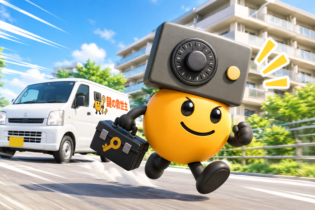 鍵の救世主のキャラクターが工具を持って鍵トラブルの現場へ急いで向かうイメージ