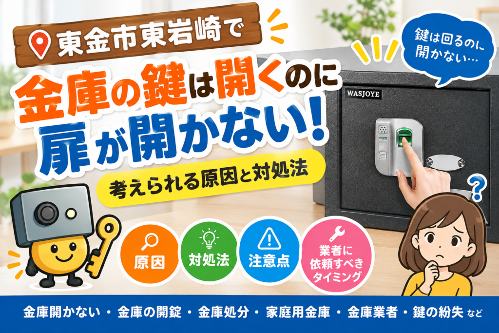 東金市東岩崎で金庫の鍵は開くのに扉が開かない原因と対処法を紹介するアイキャッチ画像。金庫の開錠や金庫トラブルについて鍵の救世主が解説。