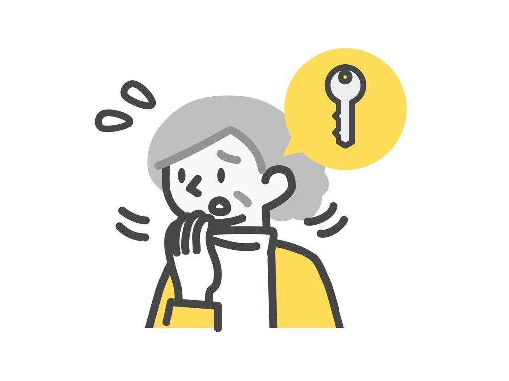 鍵を紛失して困っているおばあちゃんのイラスト