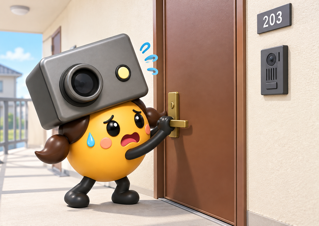 鍵が開かず玄関ドアの前で困っている鍵の救世主のキャラクター