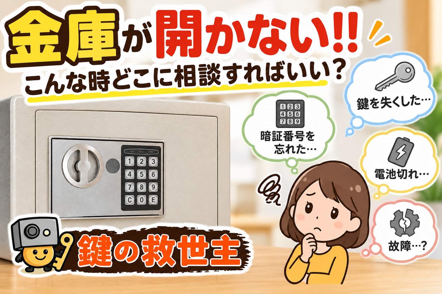 金庫が開かない原因や対処方法を解説する画像|鍵の紛失・暗証番号忘れ・電池切れなどの金庫トラブル