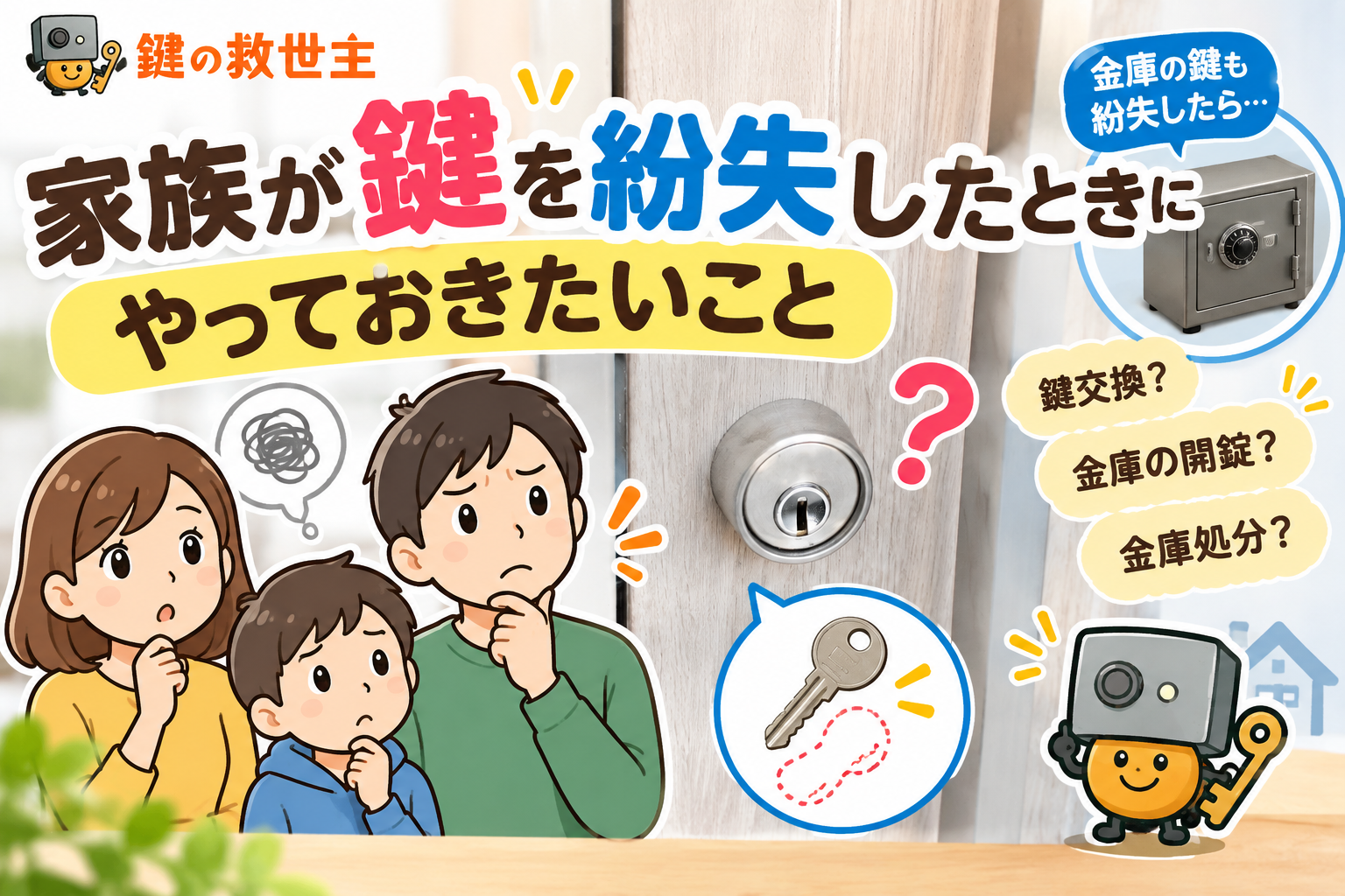 家族が鍵を紛失したときの対処法を紹介するイラスト。玄関の鍵や金庫の鍵紛失、防犯対策について解説。